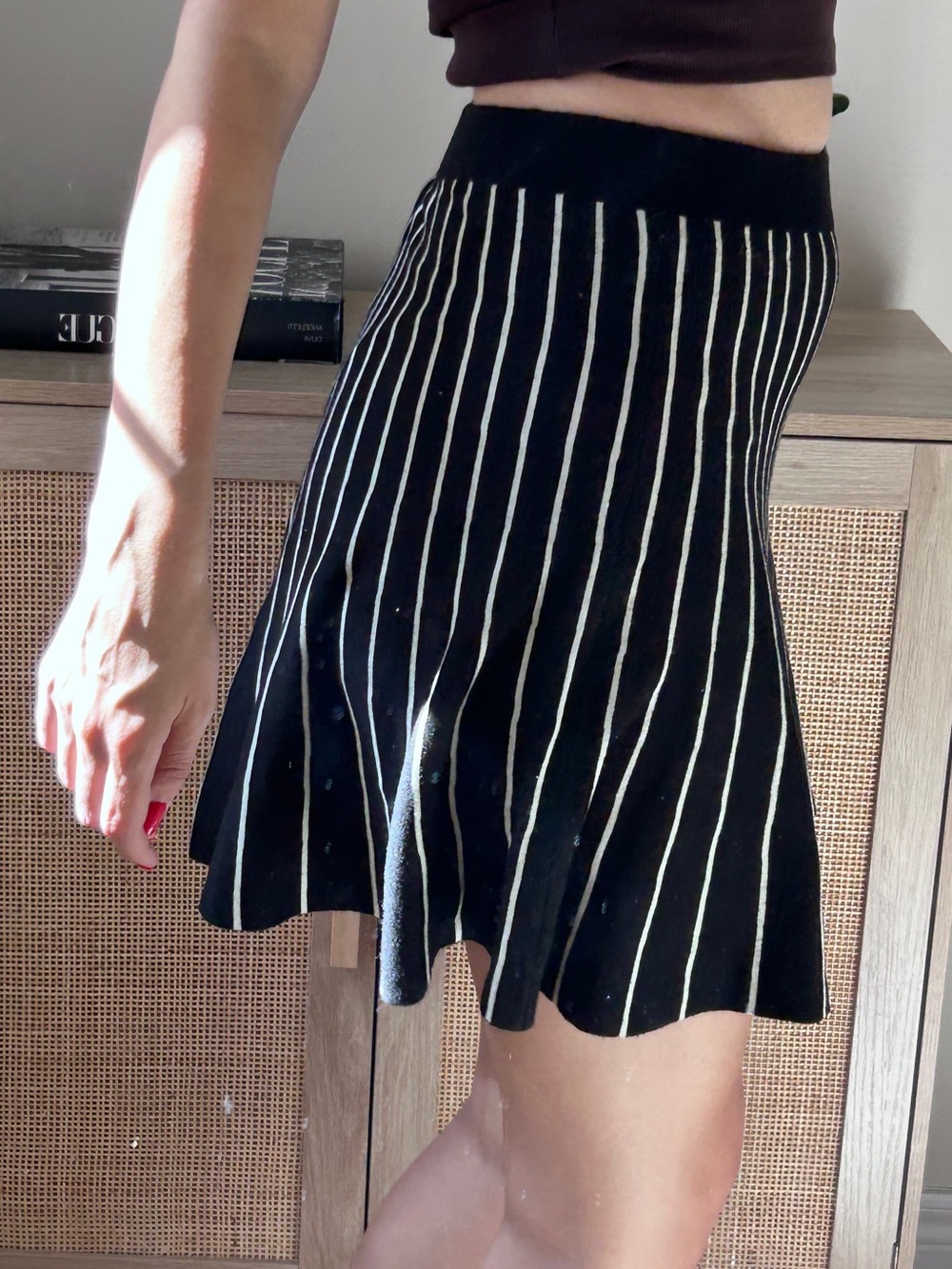 Max Studio Black Mini Skirt with white Vertical Stripes